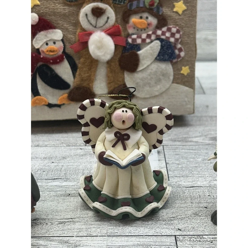 5 Vintage Handmade Polymer Clay Christmas Ornaments & Decorative Box‎